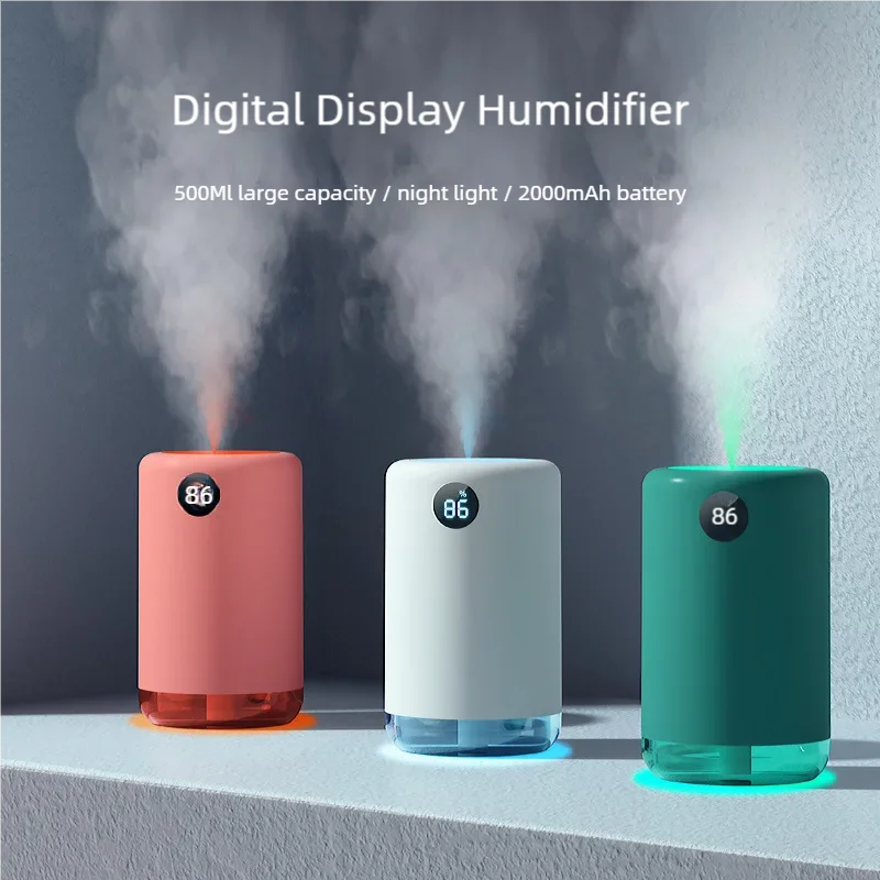 Home Table Wireless Ultrasonic Air Humidifier, Portable Mini Aroma Water Mist Diffuser, Battery Life Show, 500ml, 2000mAh