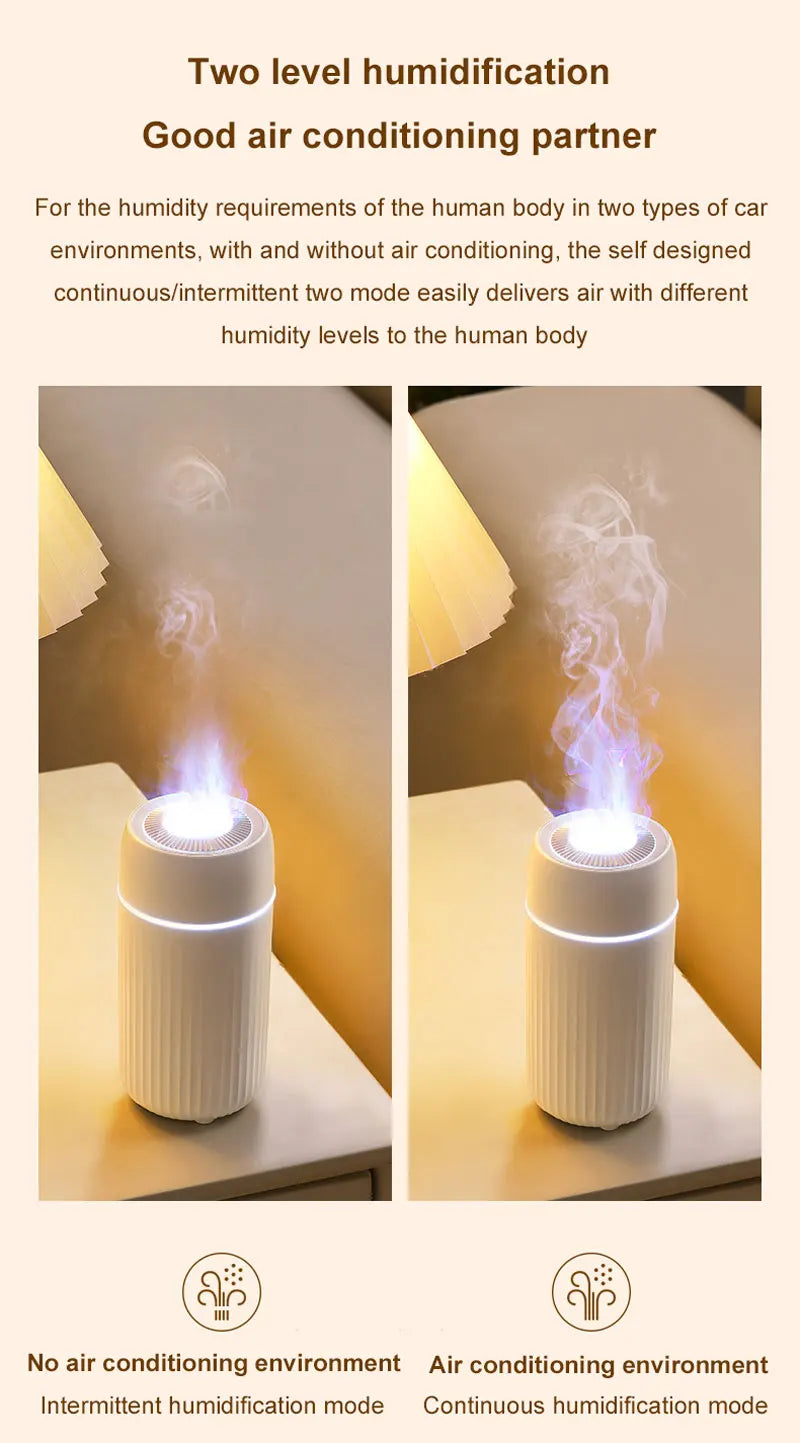 Air Humidifier Diffuser Electric Flame Light 100ml Car Home Humidification USB Ultrasonic Quiet Colorful Light Creative Cool