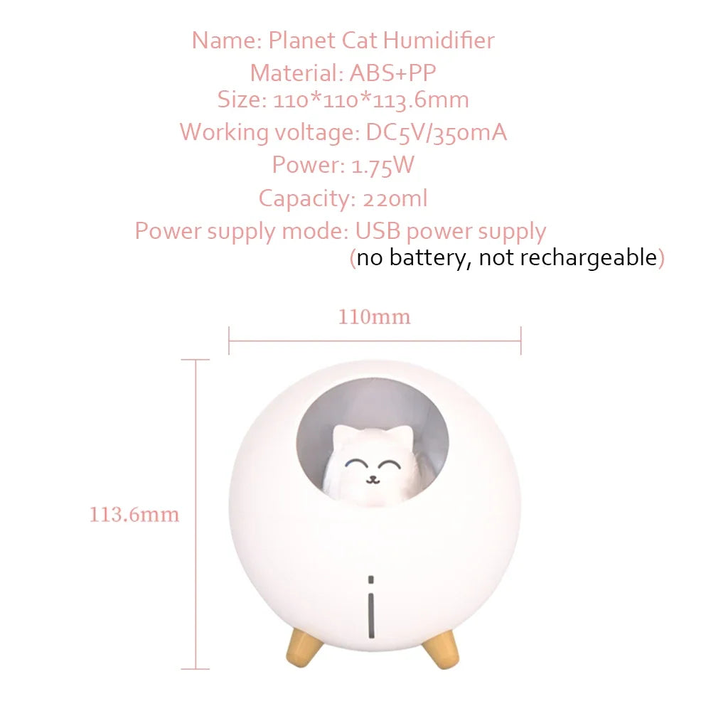 USB Mini Humidificador Diffusor Fogger Cute Planet Cat Air Humidifier Ultrasonic with Romantic Color LED Light